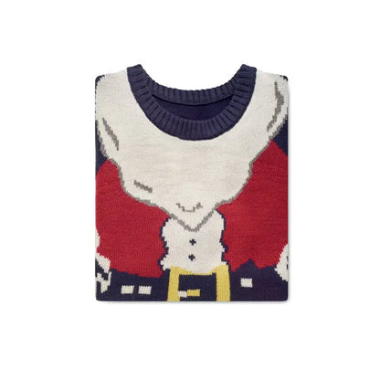 Pulover de craciun s m tricotat cu design pixelat mos craciun in rosu alb si bleumarin cu curea galbena