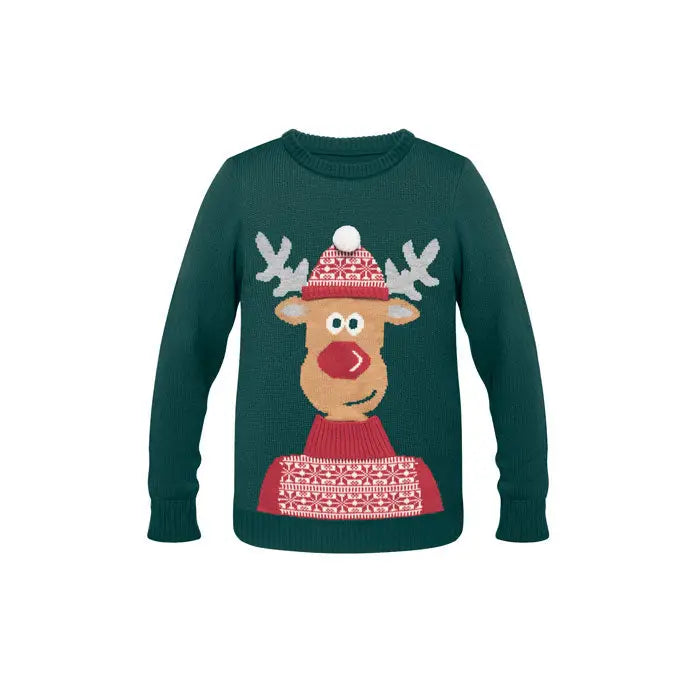 Pulover de craciun s m verde inchis din tricot cu design festiv de ren vesel cu coarne albe palarie si fular rosu