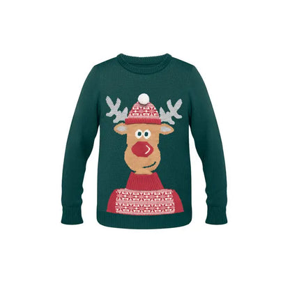 Pulover de craciun s m verde inchis din tricot cu design festiv de ren vesel cu coarne albe palarie si fular rosu
