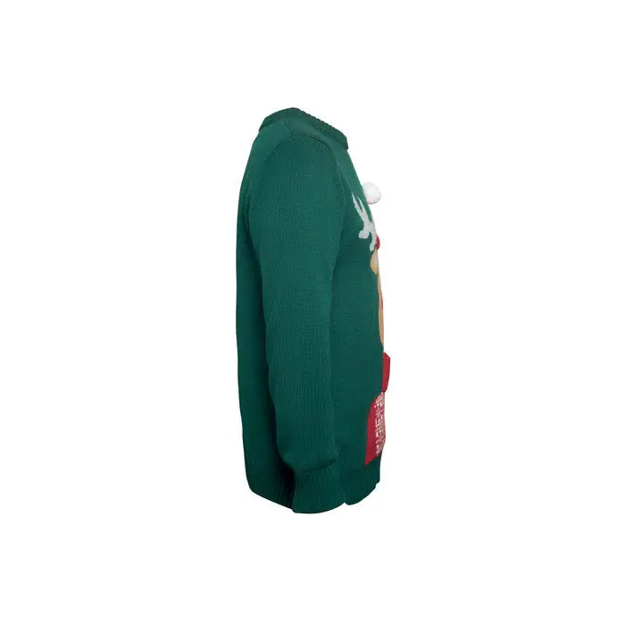 Pulover de craciun s/m verde festiv din tricot cu ren pufos si accente rosii pe buzunar frontal