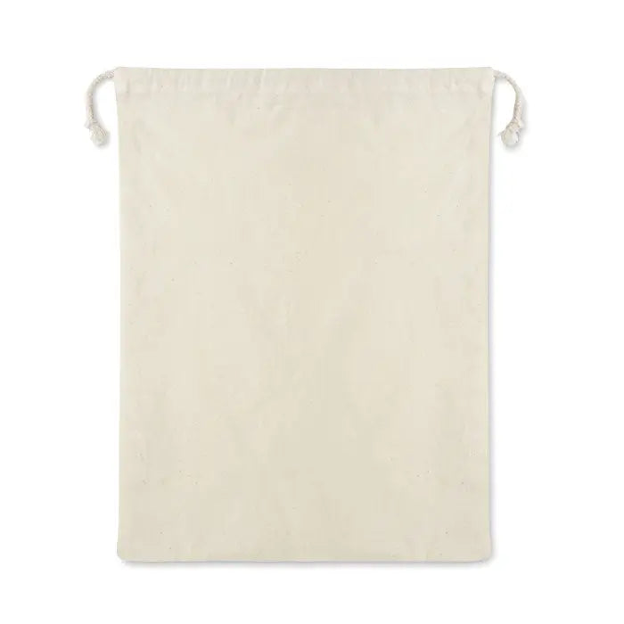 Punga alimentara din bumbac 140 gr m² off white cu snur simplu si cordoane legate la partea superioara
