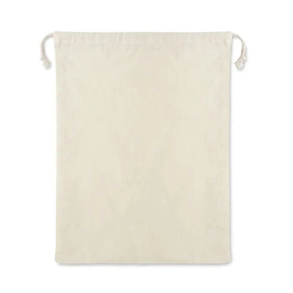 Punga alimentara din bumbac 140 gr m² off white cu snur simplu si cordoane legate la partea superioara