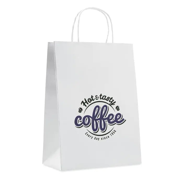 Punga de hartie cadou mare 150 gr/m² cu sigla mov si negru hot & tasty coffee every day since 1986