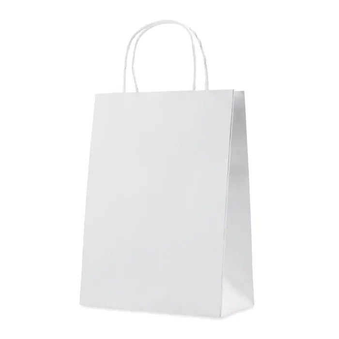 Punga de hartie cadou medie albă cu mânere răsucite din hârtie de 150 gr/m² pentru cadouri elegante
