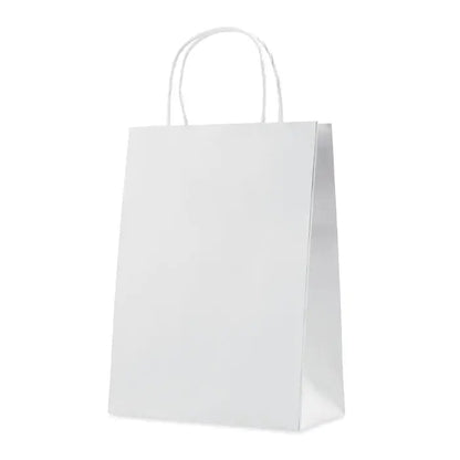 Punga de hartie cadou medie albă cu mânere răsucite din hârtie de 150 gr/m² pentru cadouri elegante
