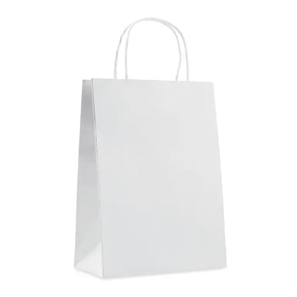 Punga de hartie cadou medie alba cu manere rasucite din hartie 150 gr/m² perfecta pentru cadouri
