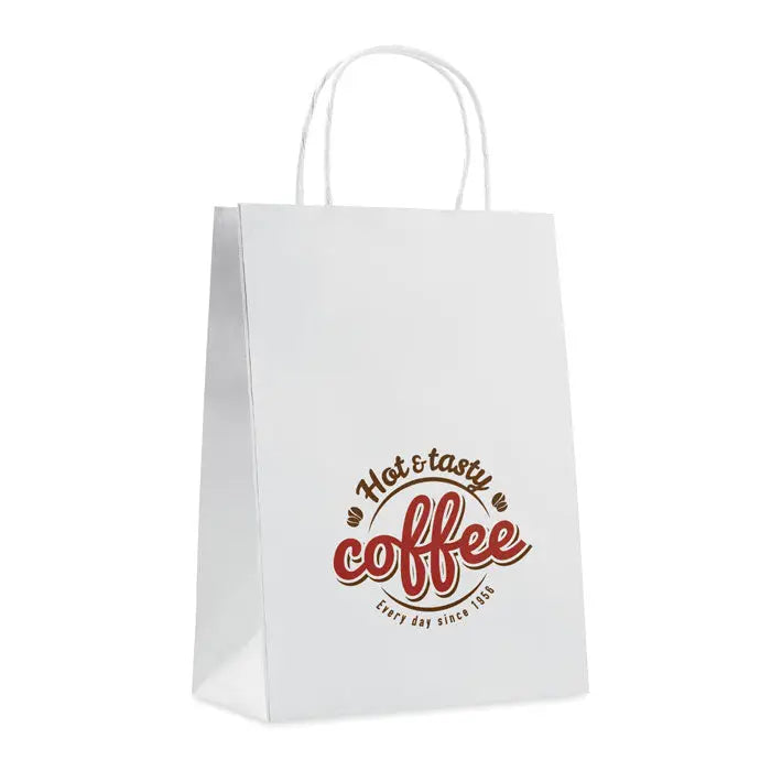 Punga de hartie cadou medie 150 gr m² alba cu logo rosu si maro hot si tasty coffee pentru cafea