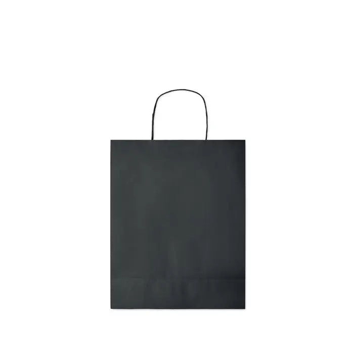 Punga de hartie cadou medie neagra cu design minimalist si maner rasucit subtire negru din hartie 90 gr/m²