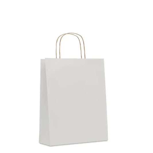 Punga de hartie cadou medie alba cu manere din fibre naturale si gramaj de 90 gr/m²