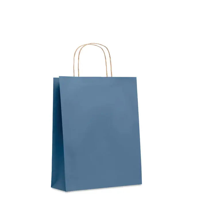 Punga de hartie cadou medie 90 gr/m² albastra solida cu manere din sfoara naturala perfecta pentru cadouri
