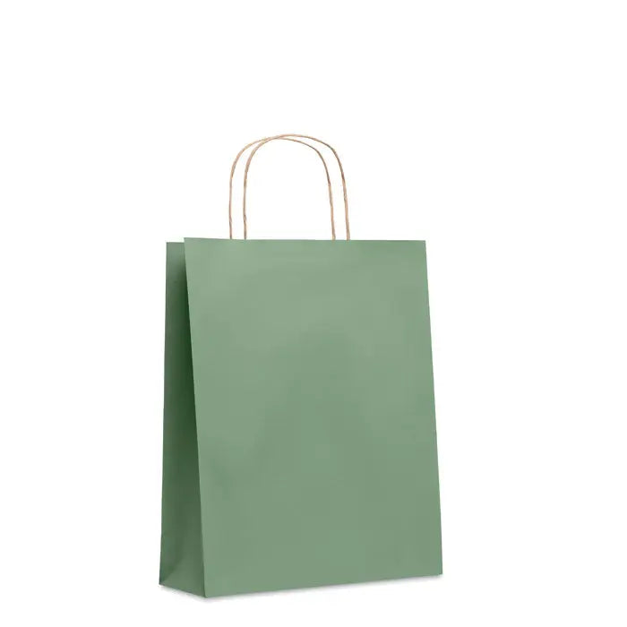 Punga de hartie cadou medie 90 gr/m² mata verde salvie cu manere rasucite din fibre naturale