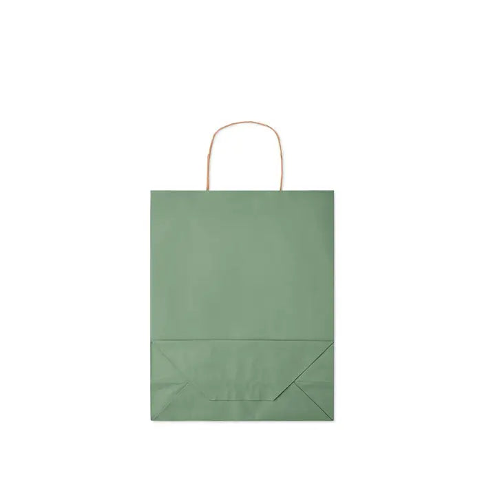 Punga de hartie cadou medie 90 gr m² verde salvie mat cu manere rasucite din sfoara naturala si fundal pliat