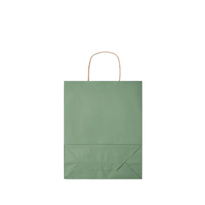 Punga de hartie cadou medie 90 gr m² verde salvie mat cu manere rasucite din sfoara naturala si fundal pliat
