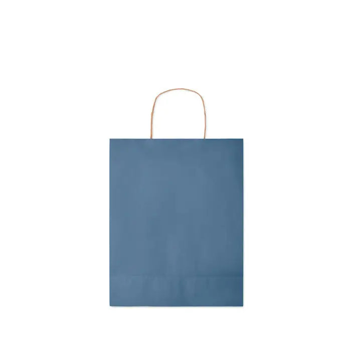 Punga de hartie cadou medie 90 gr/m² albastra cu maner din snur natural pentru cumparaturi sau cadouri