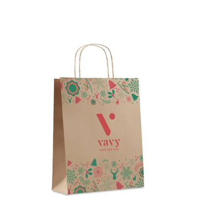 Punga de hartie cadou medie maro festivă cu model roșu și verde de sărbători și logo vavy roz