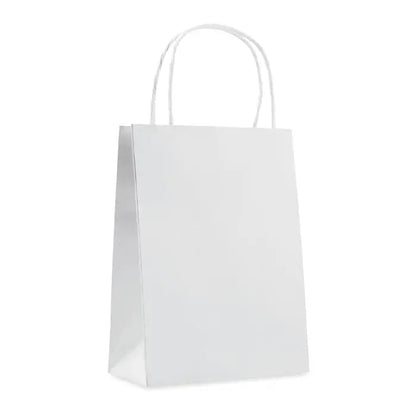 Punga de hartie cadou mica alba cu manere rasucite din hartie de 150 gr m² pentru ambalare eleganta