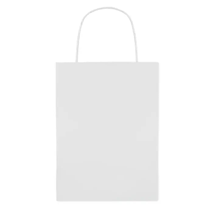 Punga de hartie cadou mica alba cu design simplu si maner rasucit, 150 gr pe metru patrat