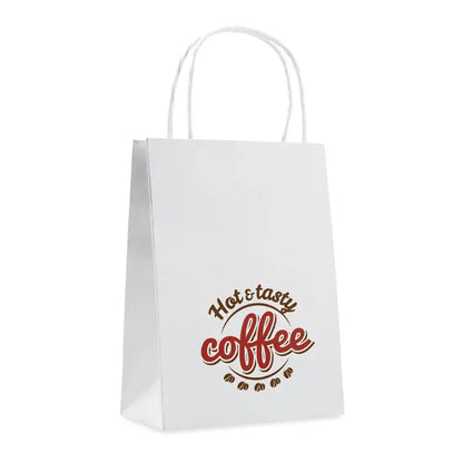 Punga de hartie cadou mica 150 gr/m² alba cu logo rosu si maro hot si tasty coffee pentru ambalat cafea