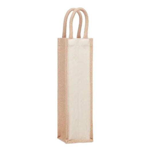 Punga de vin de iuta pentru o sticla cu manere bej din iuta si interior crem din material natural