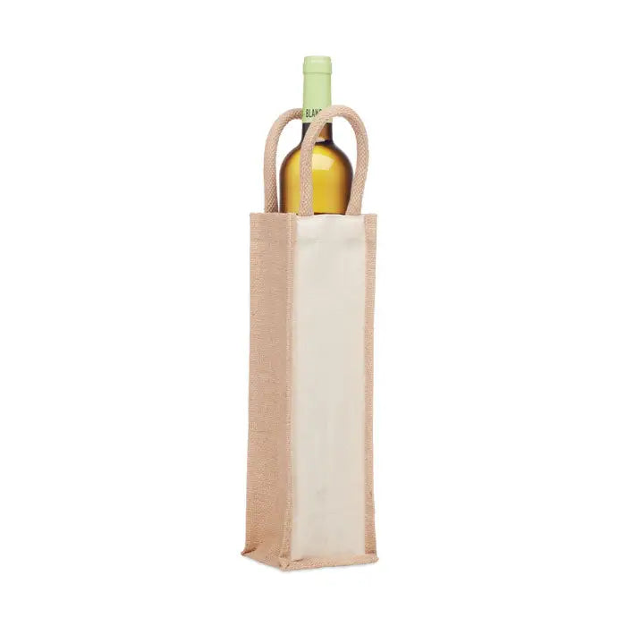 Punga de vin de iuta beige cu panou frontal crem si manere impletite pentru o sticla