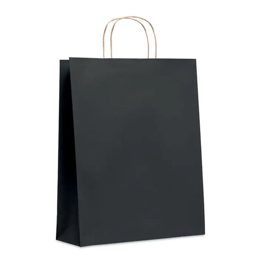 Punga mare de hartie cadou neagra cu manere subtiri rasucite din sarma si gramaj 90 gr/m²