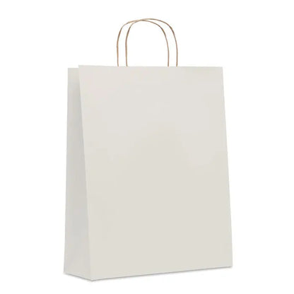 Punga mare de hartie cadou alb cu mânere răsucite aurii din sârmă 90 gr/m²