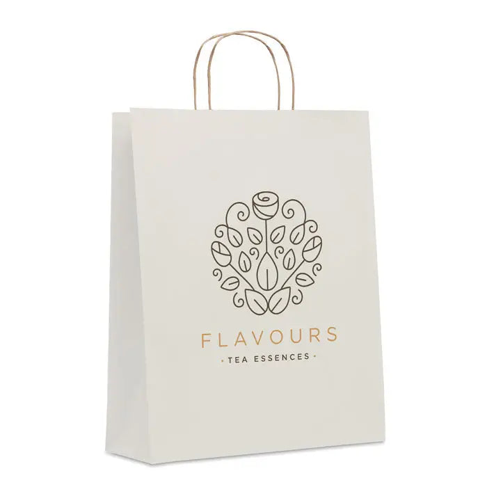 Punga mare de hartie cadou 90 gr/m² crem cu mânere aurii și logo minimalist cu trandafir flavors tea essences