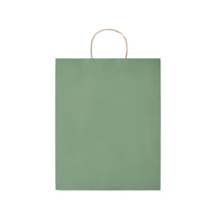 Punga mare de hartie cadou 90 gr/m² cu finisaj mat verde salvie si maner rasucit maro din sfoara