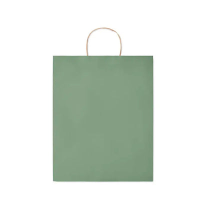 Punga mare de hartie cadou 90 gr/m² cu finisaj mat verde salvie si maner rasucit maro din sfoara