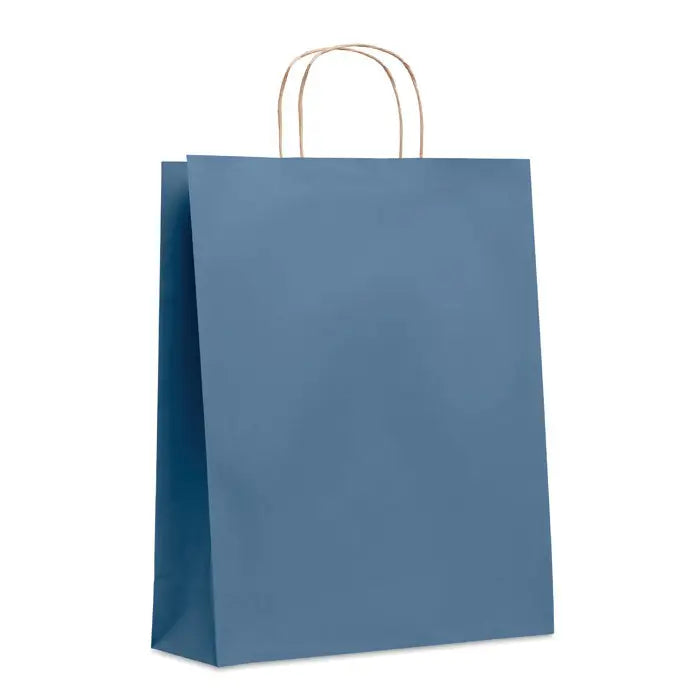 Punga mare de hartie cadou 90 gr/m² albastra solida cu manere rasucite maro pentru cumparaturi