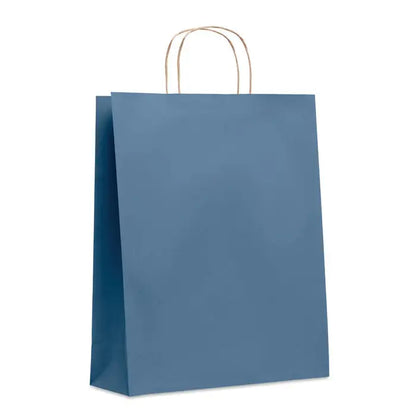 Punga mare de hartie cadou 90 gr/m² albastra solida cu manere rasucite maro pentru cumparaturi