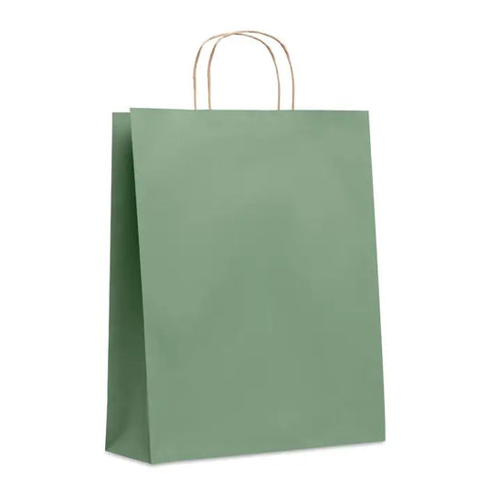 Punga mare de hartie cadou 90 gr pe metru patrat, verde salvia mat, cu manere rasucite din sarma