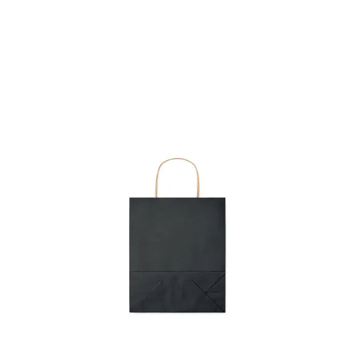 Punga mica de hartie cadou neagra cu manere rasucite aurii si model geometric discret jos din hartie 90 gr/m²