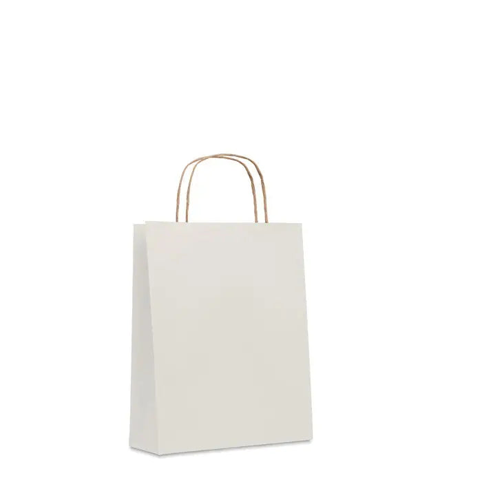 Punga mica de hartie cadou 90 gr/mp alb cu manere din snur natural pentru ambalaj cadouri