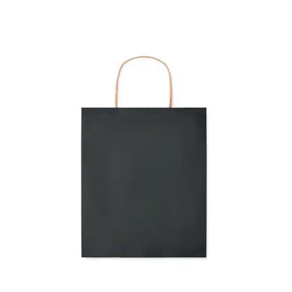 Punga mica de hartie cadou neagra cu maner subtire rasucit maro deschis, 90 gr pe metru patrat