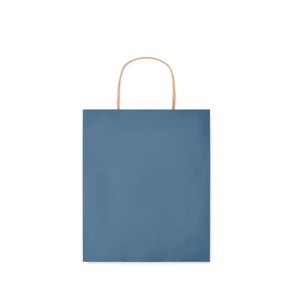 Punga mica de hartie cadou albastra minimalista cu mansoane rasucite bej si gramaj de 90 gr/m²