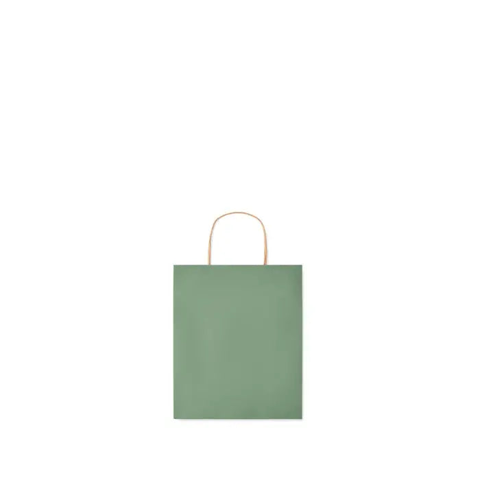 Punga mica de hartie cadou verde salvie cu mânere răsucite subțiri din material natural de 90 gr/m²