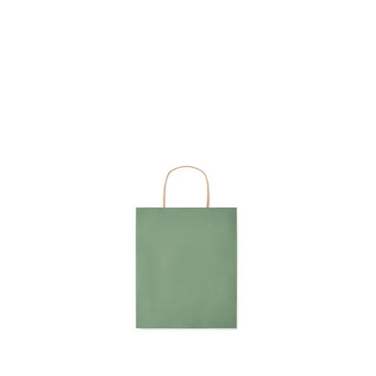 Punga mica de hartie cadou verde salvie cu mânere răsucite subțiri din material natural de 90 gr/m²
