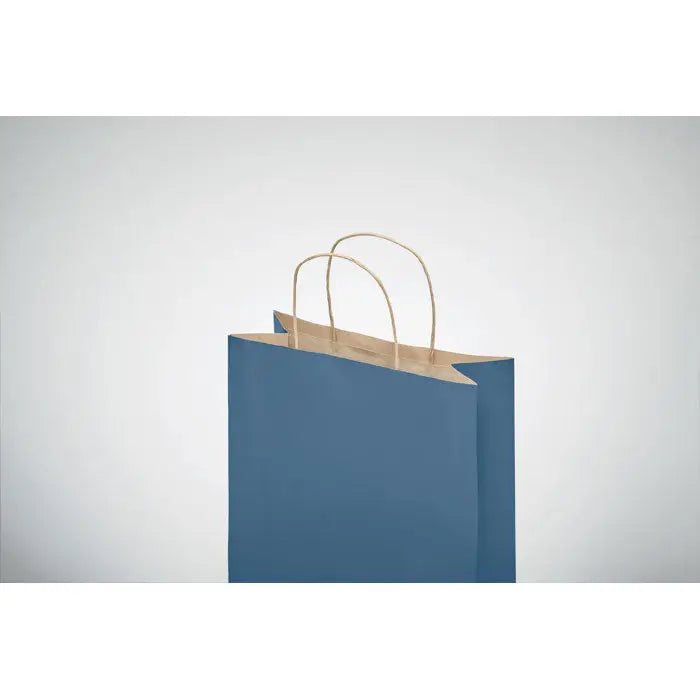 Punga mica de hartie cadou albastra cu manere maro din hartie 90 gr m² pentru ambalaje elegante