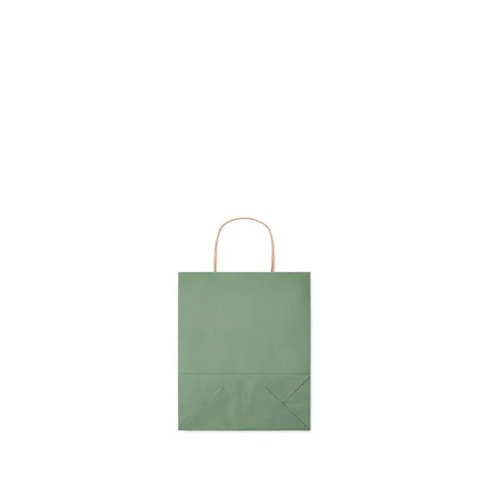 Punga mica de hartie cadou 90 gr/m² verde salvie cu manere subtiri rasucite aurii si design minimalist elegant