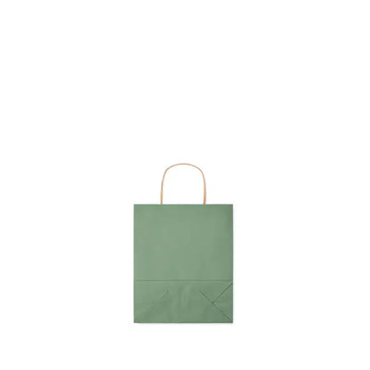 Punga mica de hartie cadou 90 gr/m² verde salvie cu manere subtiri rasucite aurii si design minimalist elegant