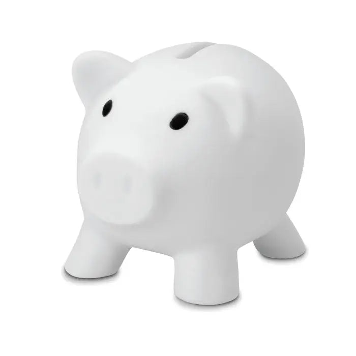 Pusculita albă ceramică în formă de porc cu ochi negri și fanta pentru monede pe spate