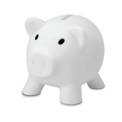 Pusculita albă ceramică în formă de porc cu ochi negri și fanta pentru monede pe spate