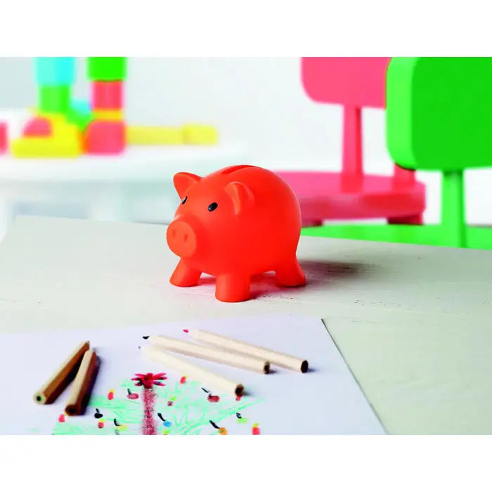Pusculita plastic rosie in forma de porc cu ochi negri si nas pentru economisire bani