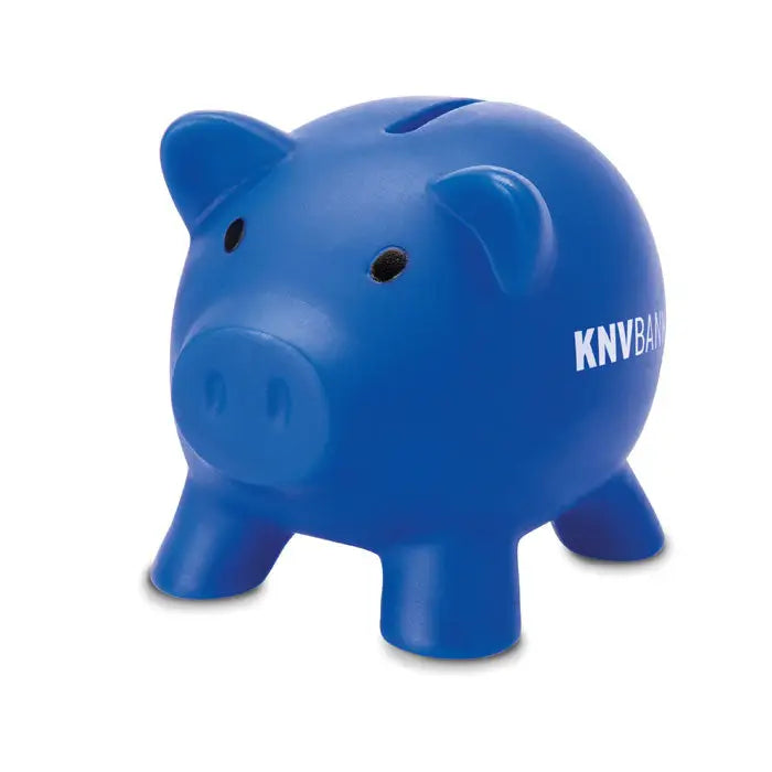 Pusculita din plastic albastru in forma de porcusor cu knvbank imprimat alb pe o parte