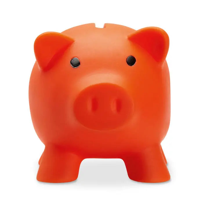 Pusculita portocalie din plastic in forma de porc cu ochi negri si fanta pentru monede pe spate