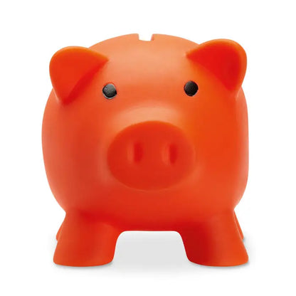 Pusculita portocalie din plastic in forma de porc cu ochi negri si fanta pentru monede pe spate