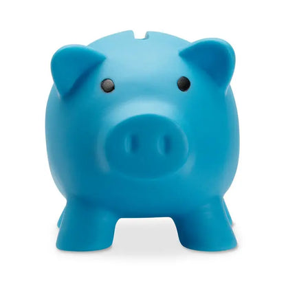 Pusculita albastră din plastic în formă de porc cu ochi negri și bot rotund pentru economisire