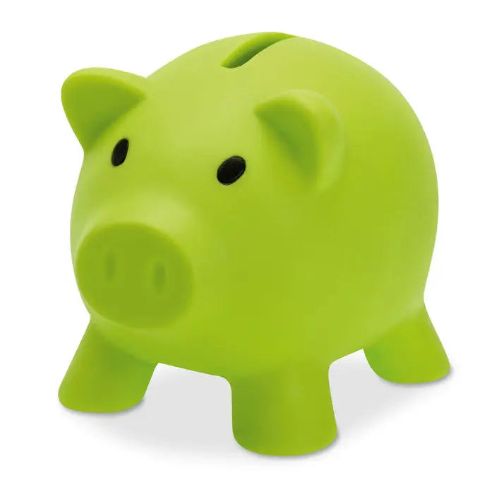 Pusculita pig shaped din plastic verde lime cu ochi negri si fanta pe spate pentru monede
