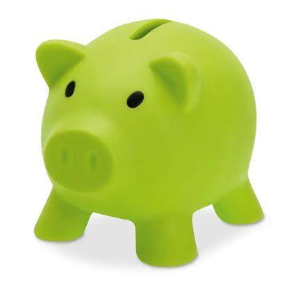Pusculita pig shaped din plastic verde lime cu ochi negri si fanta pe spate pentru monede